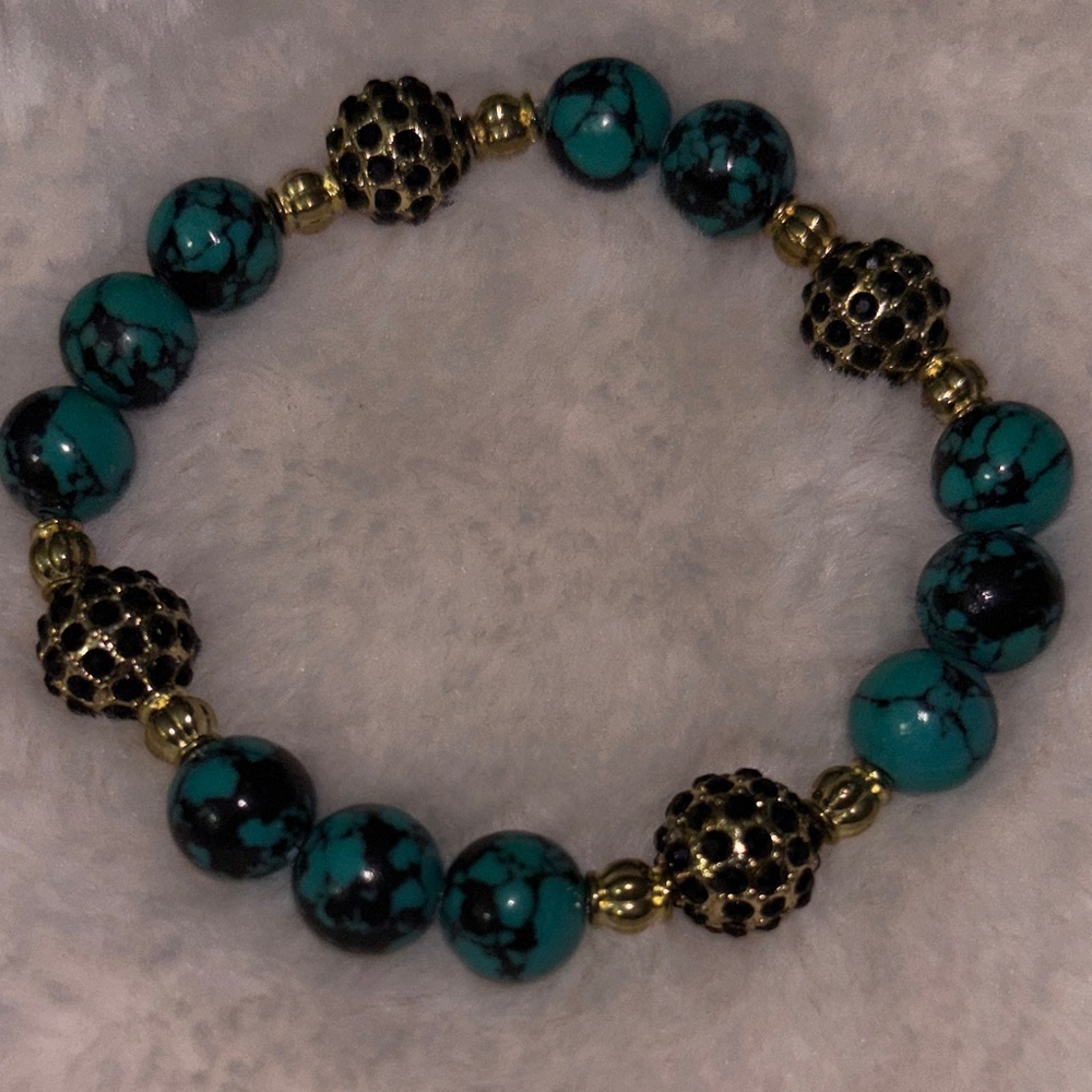 Turquoise and Gold Bead Stretch Bracelet - Women Jewelry